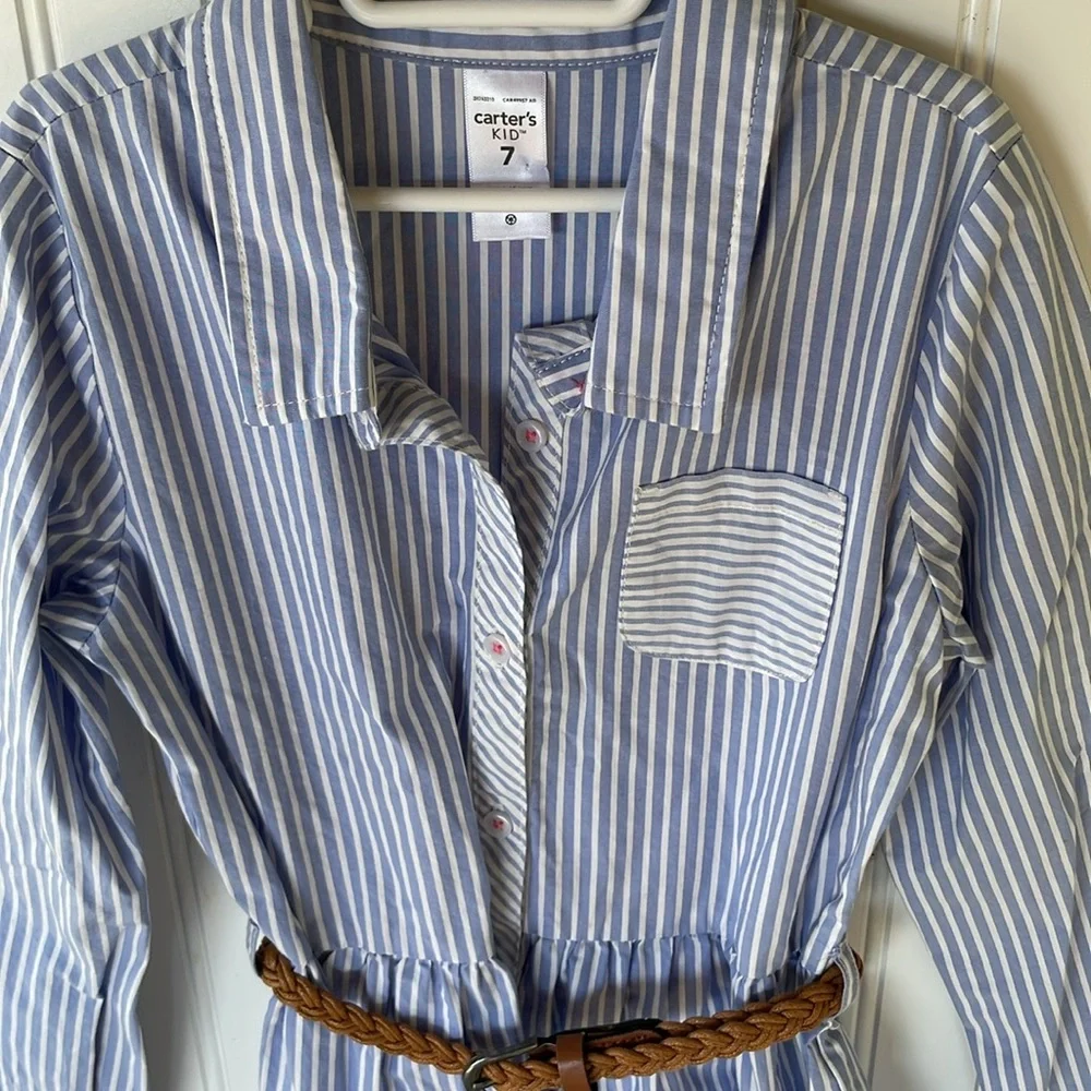 CARTERS GIRLS BLUE WHITE STRIPED LONG SLEEVE DRESS WITH BROWN BELT SIZE 7